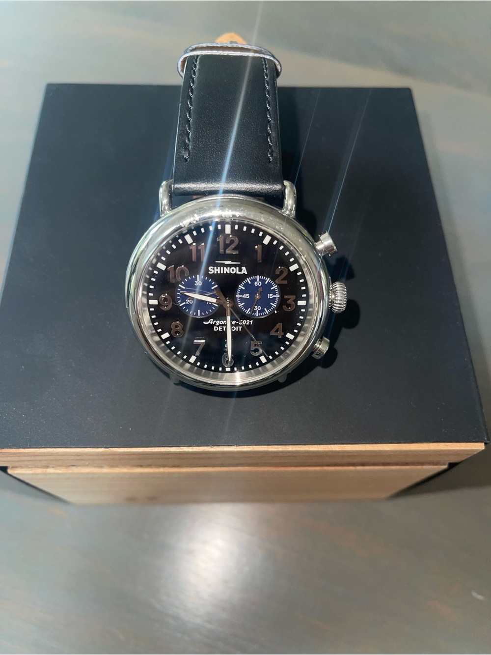 Shinola Runwell Men’s 47mm Black Dial Chronograph Watch with Blue Subdials - Picture 6 of 7